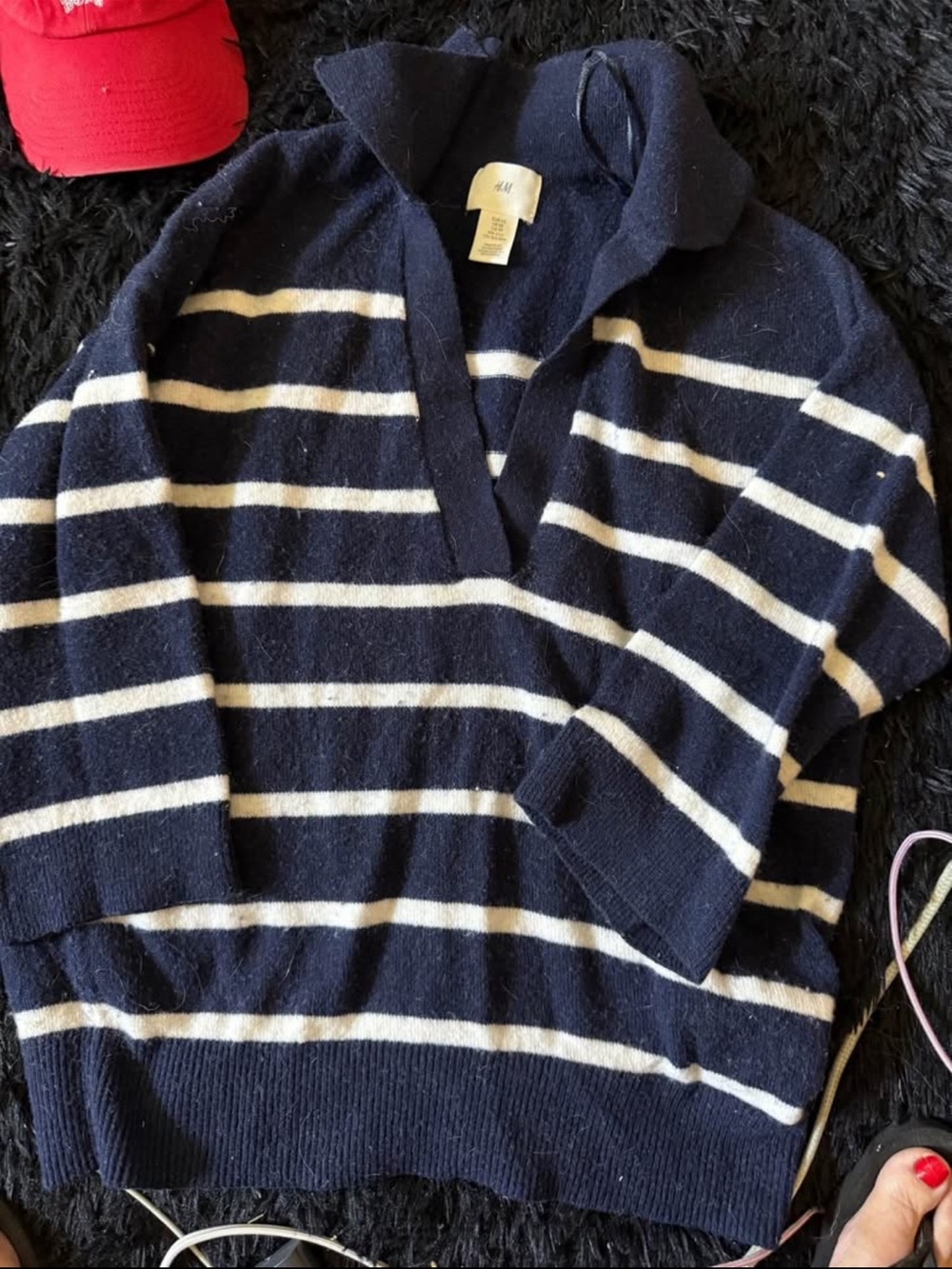 H&M Navy and White Striped V-Neck Polo Sweater